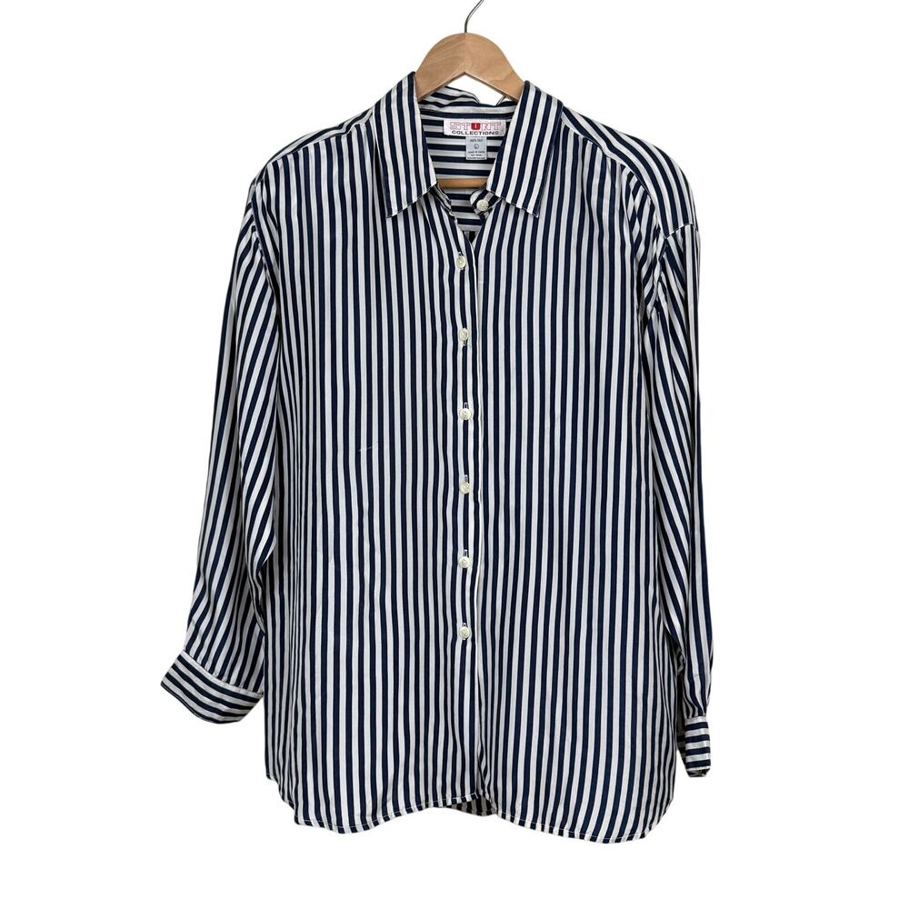 Vintage Stunt Collections 100% Silk Shirt L Navy Blue White Stripe Oversized 90s
